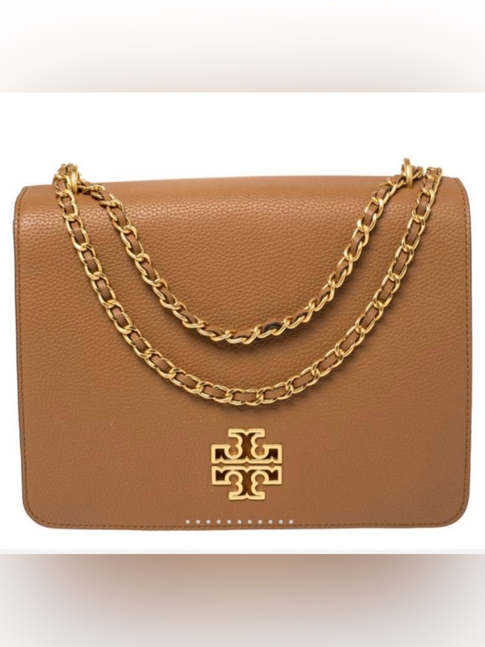 Tory Burch Britten Adjustable Chain Shoulder Bag in Bark Leather, in Caramel Tan